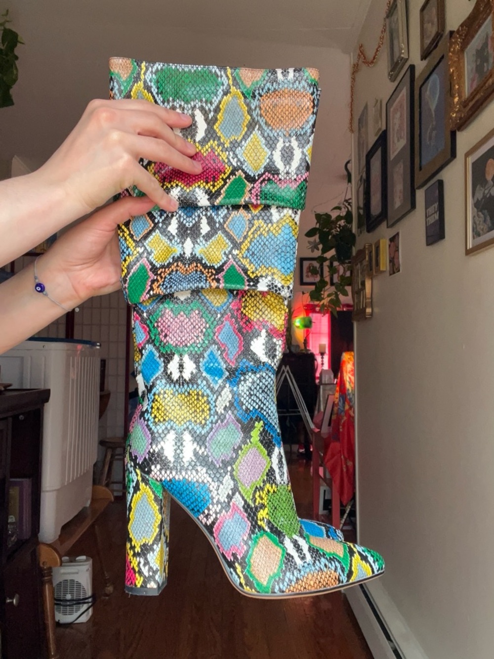 Women's Multicolor Snake-Print Knee Boots — Fold-Over Block Heel